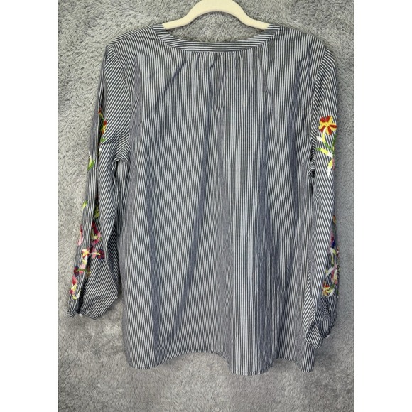 Talbots Womens Top Gray White Striped Floral Embroidered V-Neck Boho 1X Petite - Picture 2 of 13